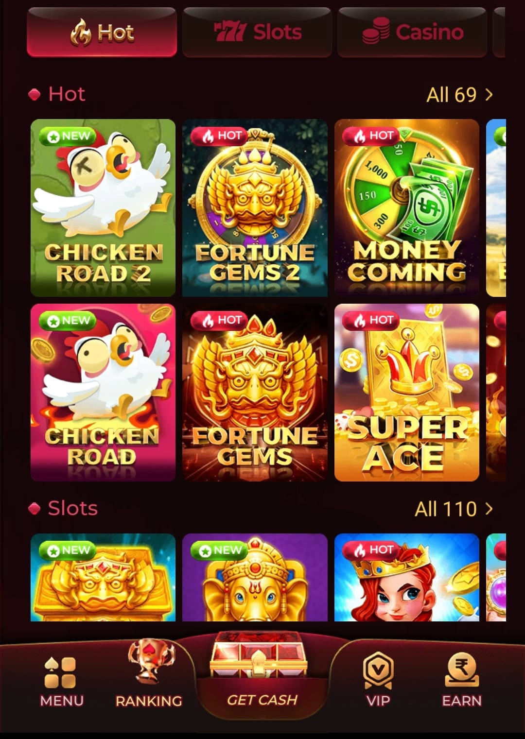 Slots game lobby with Chicken Road 2, Fortune Gems 2 and Money Coming tiles